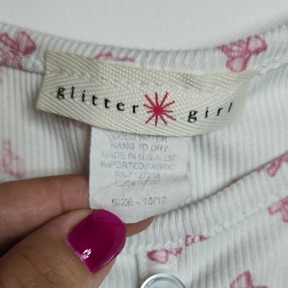 Glitter Girl Girls L 10/12 White Pink Bow Print Button Front Short Sleeve Top